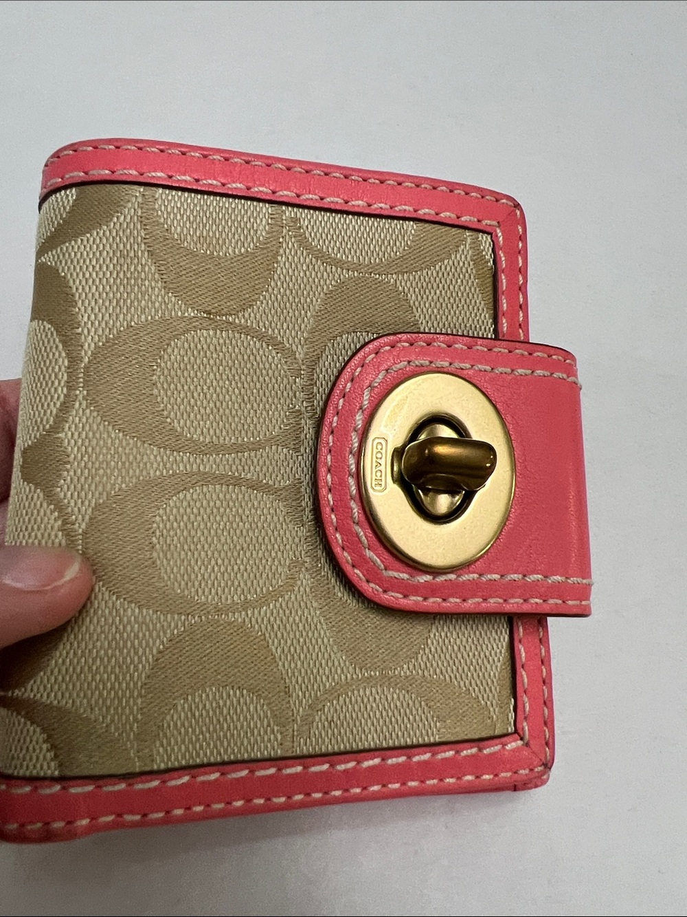 Coach Hampton Y2K Signature Light Khaki and Coral Tote French Purse Wallet